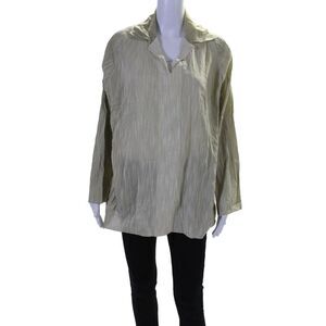 Damask Womens Striped Long Sleeves Collared Blouse Green White Cotton Size 3